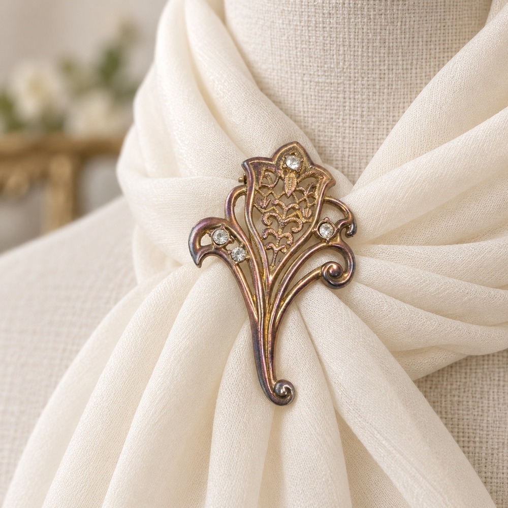 Vintage Art Nouveau Floral Brooch Gold Tone Iridescent Rhinestone Tulip Pin